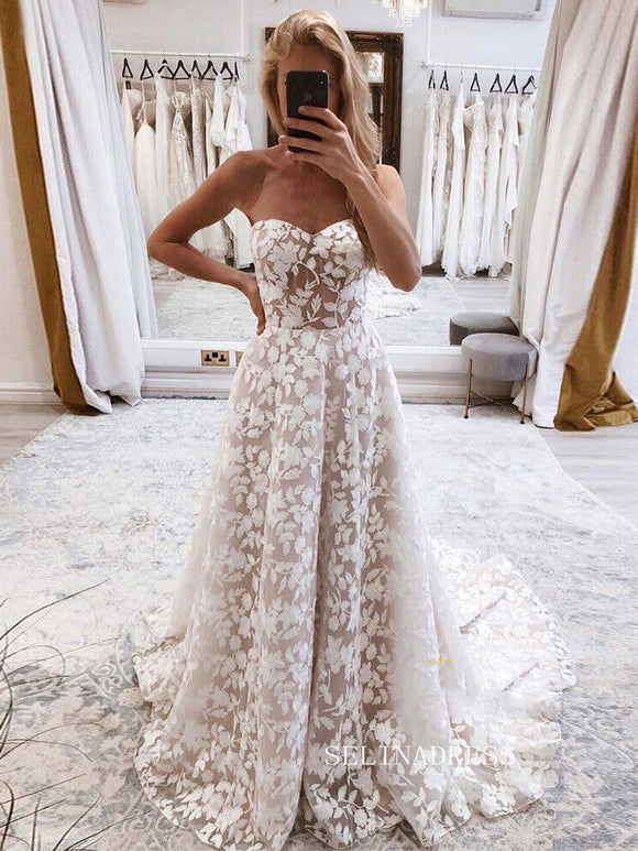 A-line Sweetheart Applique Lace Wedding Dresses Rustic Wedding Gown Bridal Dress jkw237|Selinadress