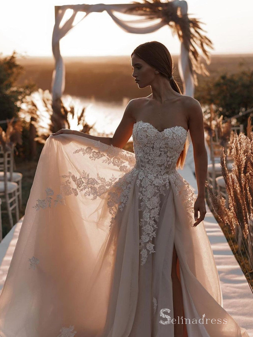 A-line Sweetheart Applique Rustic Beach Wedding Dresses Champagne Brid – SELINADRESS