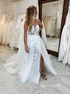 A-line Sweetheart Applique White Wedding Dress Backless Rustic Wedding Dresses JKSS52|Selinadress
