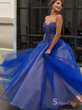 A-line Sweetheart Beaded Long Prom Dresses Royal Blue Formal Gowns CBD542|Selinadress