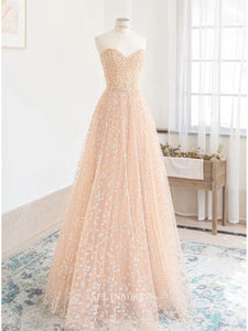 A-line Sweetheart Champagne Prom Dress Beautiful Lace Floral Long Formal Dresses KPY063|Selinadress