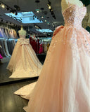 Ball Gown Spaghetti Straps 3D Floral Lace Prom Dresses Quinceanera Dress Evening Gowns JKW130