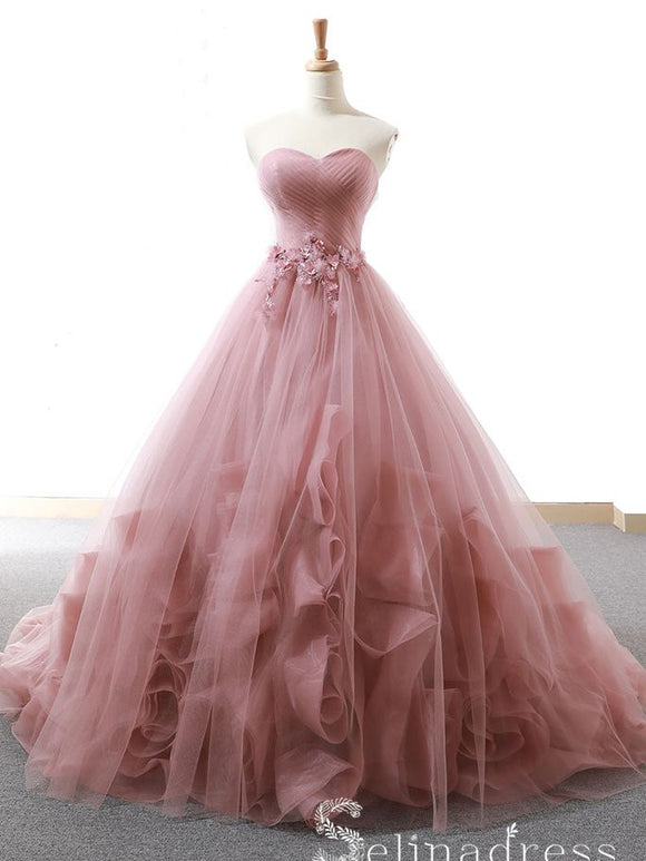 A-line Sweetheart Dust Pink Lace Long Prom Dress Princess Quinceanera SED035