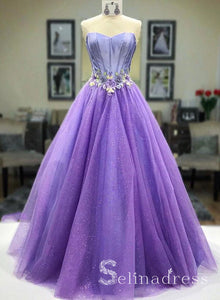 A-line Sweetheart Grape Long Prom Dresses With Floral Lace Formal Evening Gowns SED080