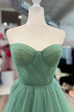 A-Line Sweetheart Green Tulle Hand Made Flower Long Prom Dress JKW123|Selinadress