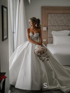 A-line Sweetheart Ivory Wedding Dresses Rustic Satin Bridal Gowns CBD300|Selinadress
