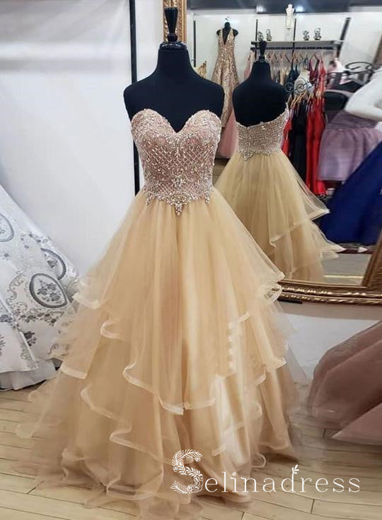 A-line Sweetheart Long Prom Dresses Beaded Princess Sparkly Formal Evening Gowns SED072|Selinadress