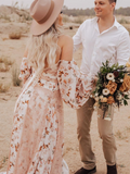 A-line Sweetheart Long Sleeve Wedding Dresses Flower Lace Rustic Wedding Gown Prom Dress JKSS512|Selinadress