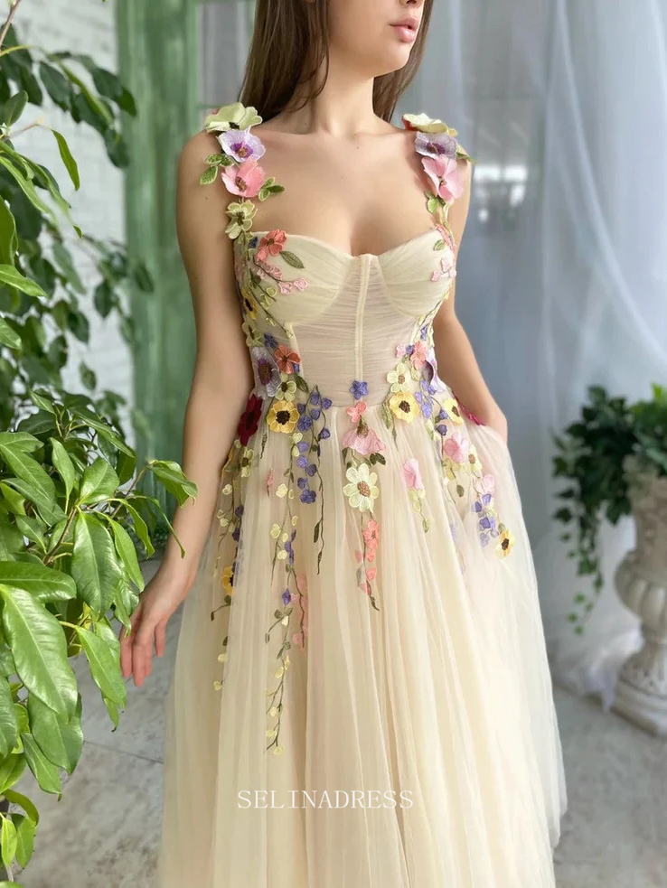 A-Line Sweetheart Pale Yellow Formal Dress Tea Length 3D Colourful Flower Tulle Ball Gown Prom Dresses Boho Robe GRSD008 A-Line Sweetheart Pale Yellow Formal Dress Tea Length 3D Colourful Flower Tulle Ball Gown Prom Dresses Boho Robe GRSD008