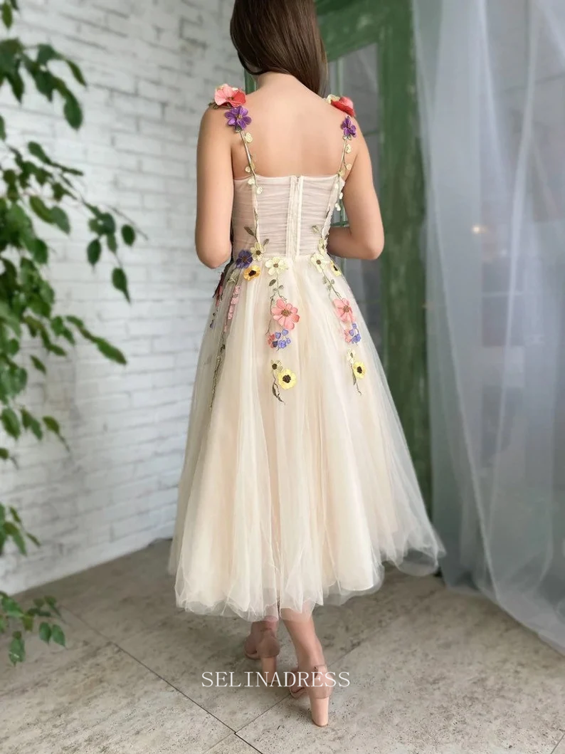 A-Line Sweetheart Pale Yellow Formal Dress Tea Length 3D Colourful Flo SELINADRESS A-Line Sweetheart Pale Yellow Formal Dress Tea Length 3D Colourful Flo SELINADRESS