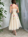A-Line Sweetheart Pale Yellow Formal Dress Tea Length 3D Colourful Flower Tulle Ball Gown Prom Dresses Boho Robe GRSD008