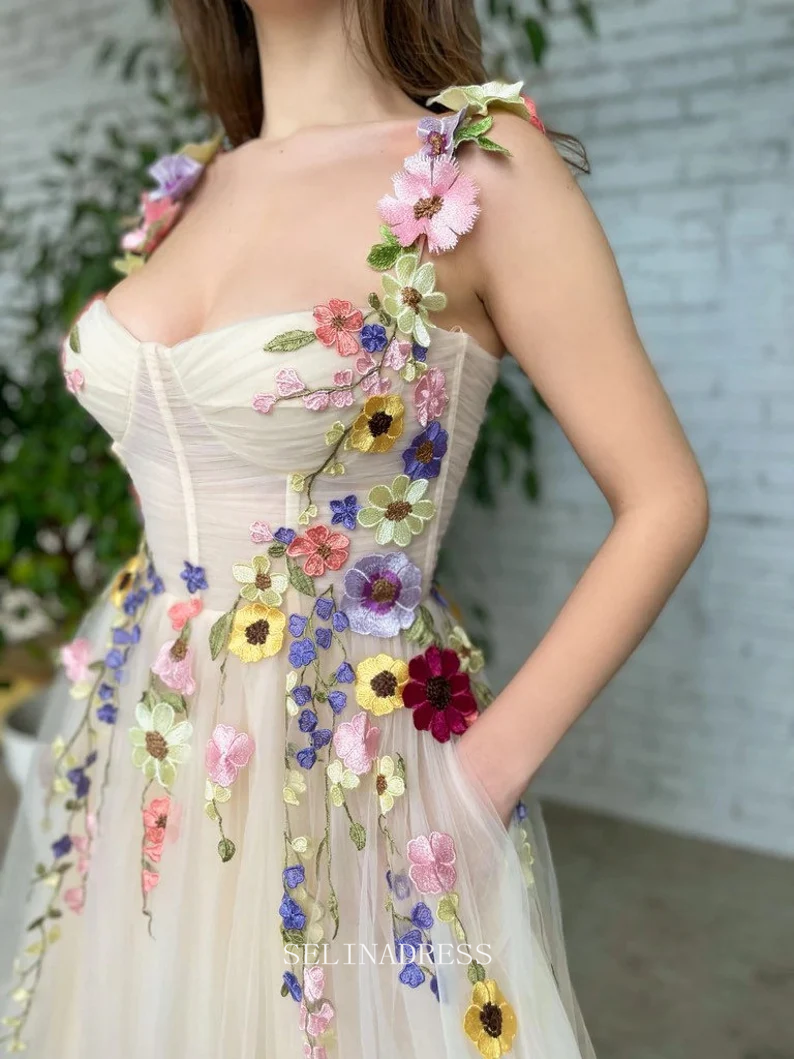 A-Line Sweetheart Pale Yellow Formal Dress Tea Length 3D Colourful Flower Tulle Ball Gown Prom Dresses Boho Robe GRSD008 A-Line Sweetheart Pale Yellow Formal Dress Tea Length 3D Colourful Flower Tulle Ball Gown Prom Dresses Boho Robe GRSD008