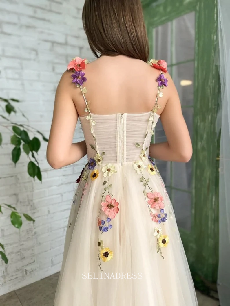 A-Line Sweetheart Pale Yellow Formal Dress Tea Length 3D Colourful Flo SELINADRESS A-Line Sweetheart Pale Yellow Formal Dress Tea Length 3D Colourful Flo SELINADRESS