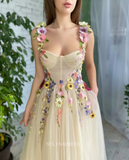 A-Line Sweetheart Pale Yellow Formal Dress Tea Length 3D Colourful Flower Tulle Ball Gown Prom Dresses Boho Robe GRSD008