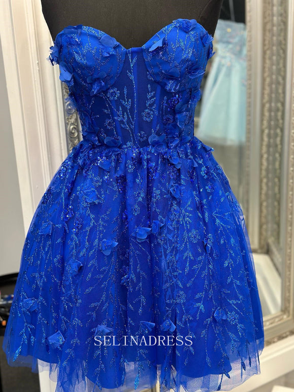 A-line Sweetheart Royal Blue Short Prom Dress Cute Tulle Homecoming Dress LOP015|Selinadress
