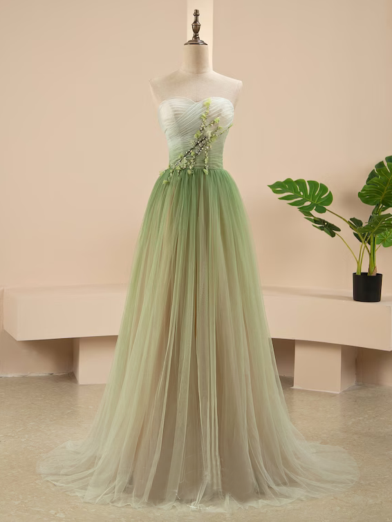strapless open back dress A Line Sweetheart Ruffles Princess Formal Dress Ombre Sage Prom Dress SELINADRESS strapless open back dress A Line Sweetheart Ruffles Princess Formal Dress Ombre Sage Prom Dress SELINADRESS