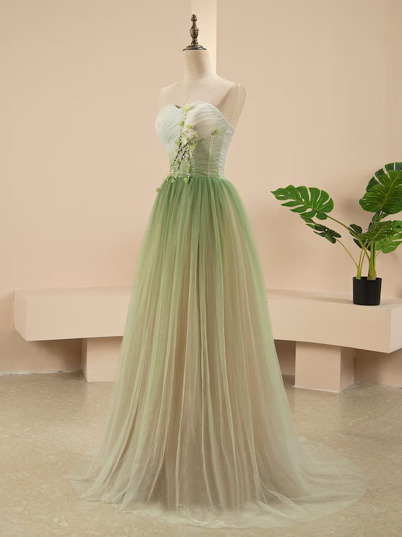 A Line Sweetheart Ruffles Princess Formal Dress Ombre Sage Prom Dress SELINADRESS A Line Sweetheart Ruffles Princess Formal Dress Ombre Sage Prom Dress SELINADRESS
