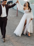 A-line Sweetheart Sparkly Wedding Dresses Long Sleeve Rustic Wedding Gown Bridal Dress JKSS504|Selinadress