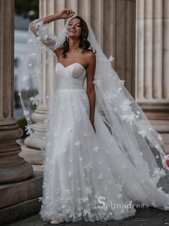 A-line Sweetheart White Tulle Modest Wedding Dress Floral Romantic Bri – SELINADRESS