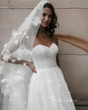 A-line Sweetheart White Tulle Modest Wedding Dress Floral Romantic Bridal Dresses RYU031|Selinadress