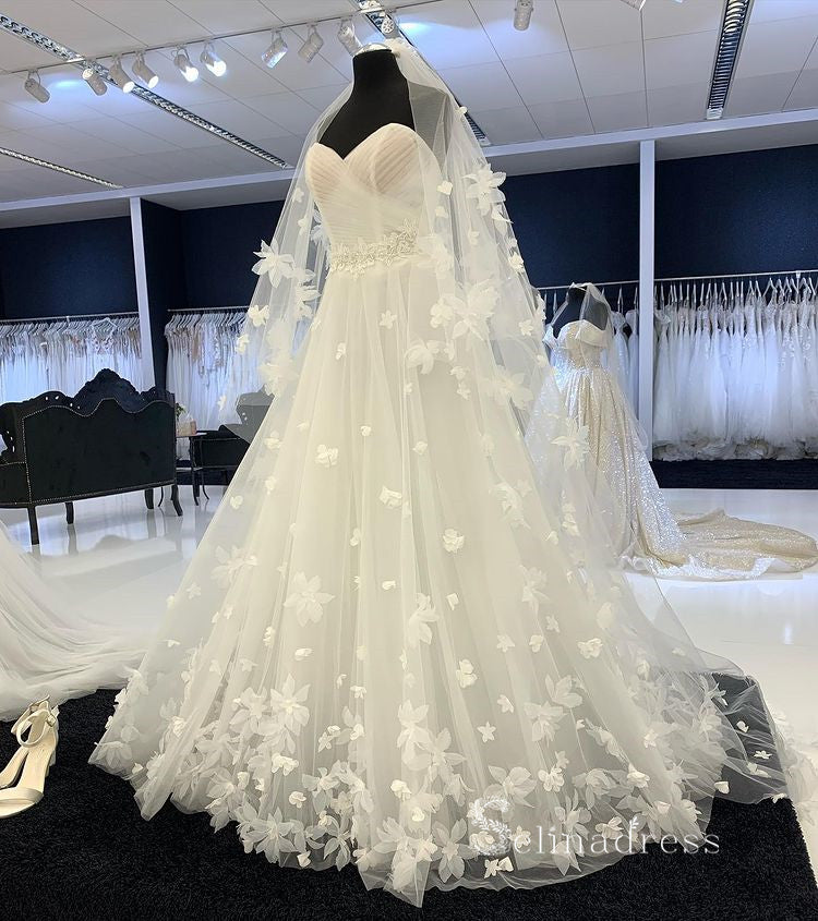 A-line Sweetheart White Tulle Modest Wedding Dress Floral Romantic Bri – SELINADRESS