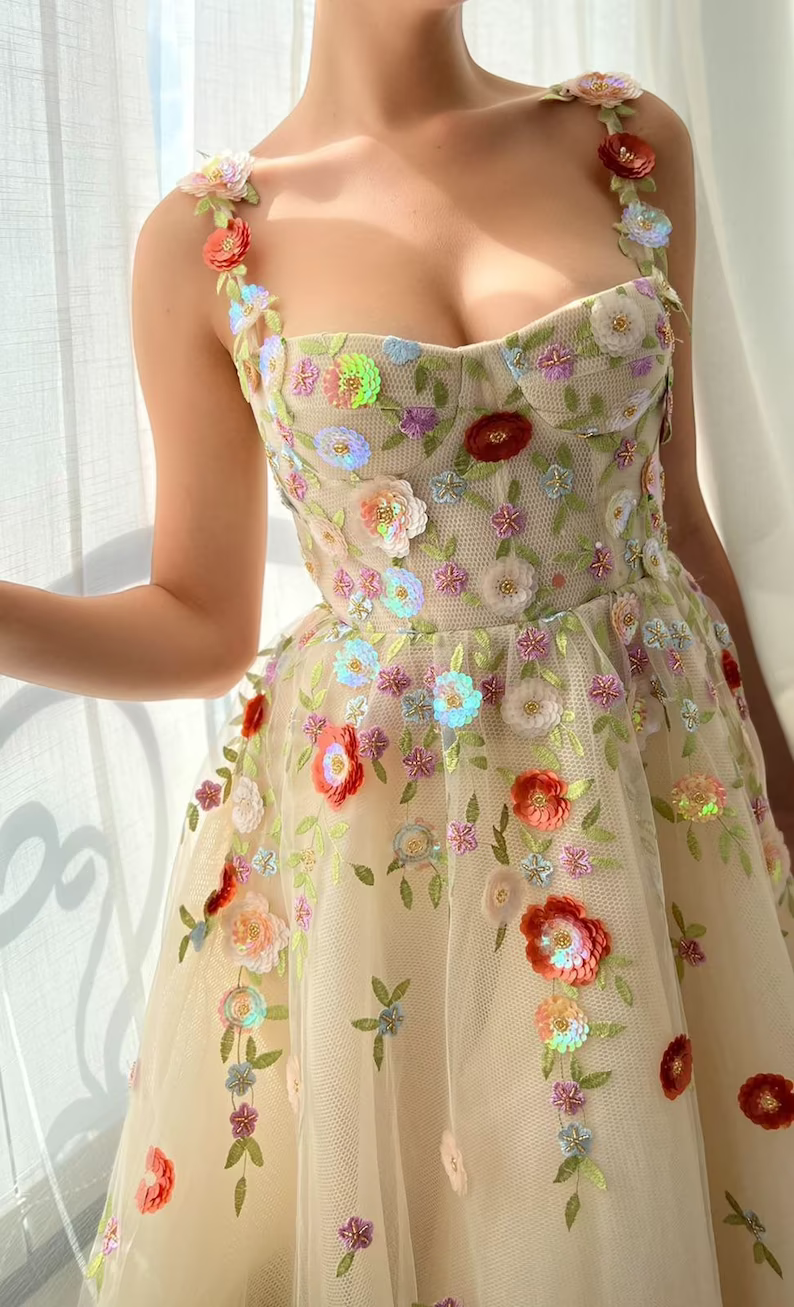 A Line Tulle Floral Princess Formal Dress Straps Embroidered Prom Dres SELINADRESS A Line Tulle Floral Princess Formal Dress Straps Embroidered Prom Dres SELINADRESS