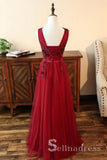 A-line Tulle V Neck Burgundy Long Prom Dress Senior Formal Dress With Applique SED090|Selinadress