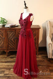 A-line Tulle V Neck Burgundy Long Prom Dress Senior Formal Dress With Applique SED090|Selinadress
