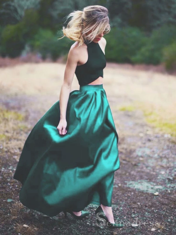 A-line Two Piece Long Prom Dresses Hunter Green Prom Dress Satin Evening Dress #SED188 | Selinadress