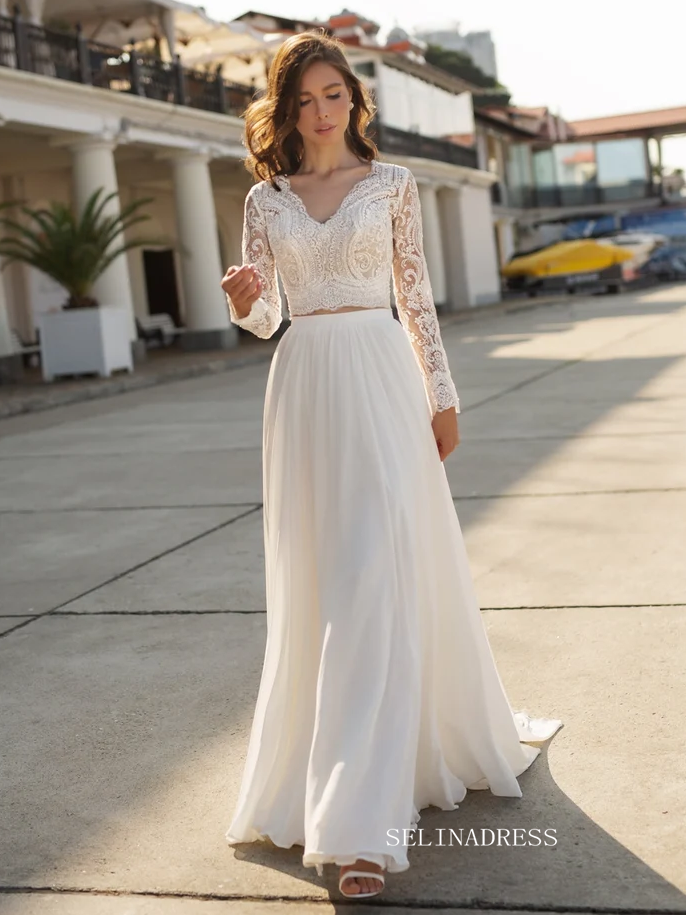 Rustic Long Sleeve Lace Wedding Dress With Lining A-line Beach Wedding Dresses SEW005|Selinadress SELINADRESS Rustic Long Sleeve Lace Wedding Dress With Lining A-line Beach Wedding Dresses SEW005|Selinadress SELINADRESS