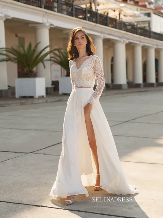 A-line Two Pieces Lace Wedding Dress Long Sleeve Rustic Country Wedding Dresses KTC011|Selinadress