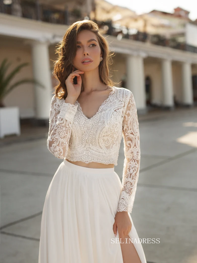 Rustic Long Sleeve Lace Wedding Dress With Lining A-line Beach Wedding Dresses SEW005|Selinadress SELINADRESS Rustic Long Sleeve Lace Wedding Dress With Lining A-line Beach Wedding Dresses SEW005|Selinadress SELINADRESS