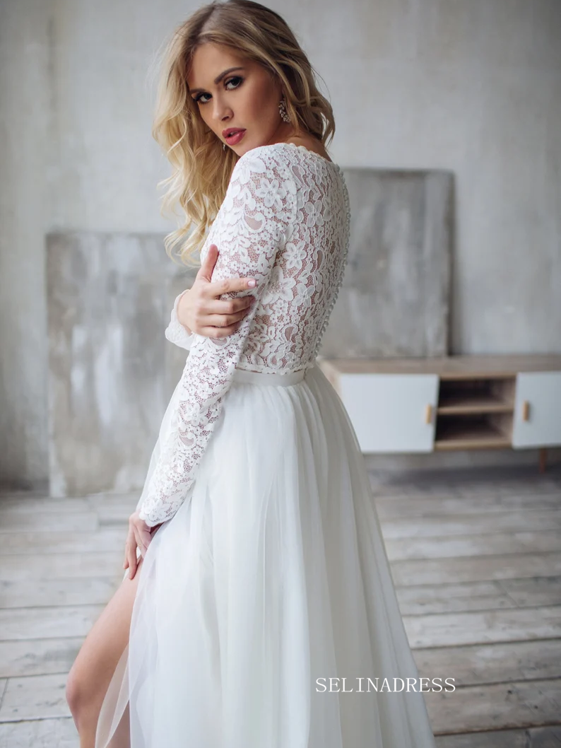 A-line Two Pieces White Wedding Dress Lace Long Sleeve Rustic Country SELINADRESS A-line Two Pieces White Wedding Dress Lace Long Sleeve Rustic Country SELINADRESS