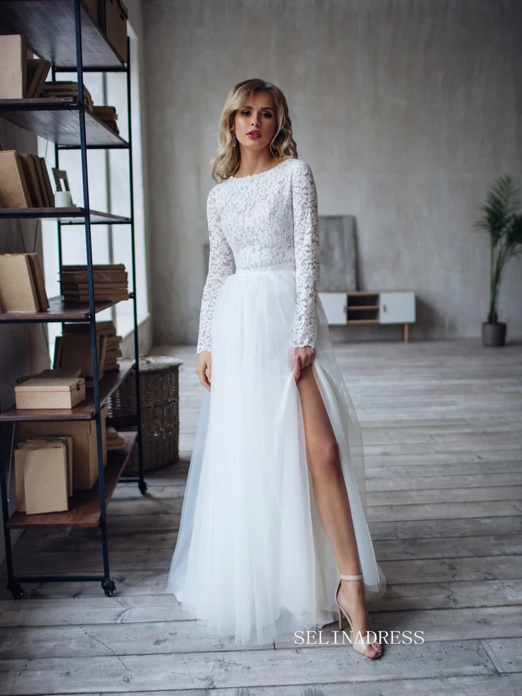 A-line Two Pieces White Wedding Dress Lace Long Sleeve Rustic Country SELINADRESS A-line Two Pieces White Wedding Dress Lace Long Sleeve Rustic Country SELINADRESS