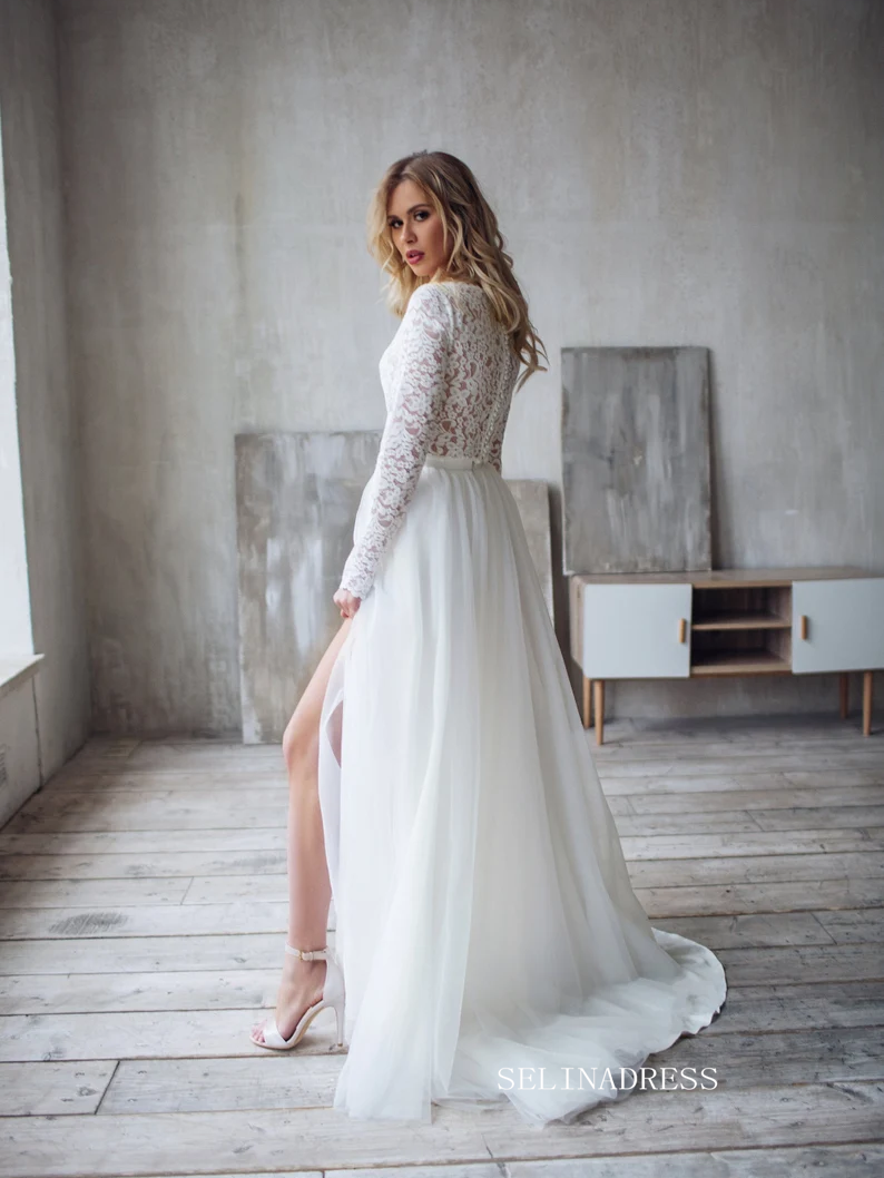 A-line Two Pieces White Wedding Dress Lace Long Sleeve Rustic Country SELINADRESS A-line Two Pieces White Wedding Dress Lace Long Sleeve Rustic Country SELINADRESS