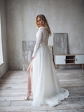 A-line Two Pieces White Wedding Dress Lace Long Sleeve Rustic Country Wedding Dresses KTC006|Selinadress