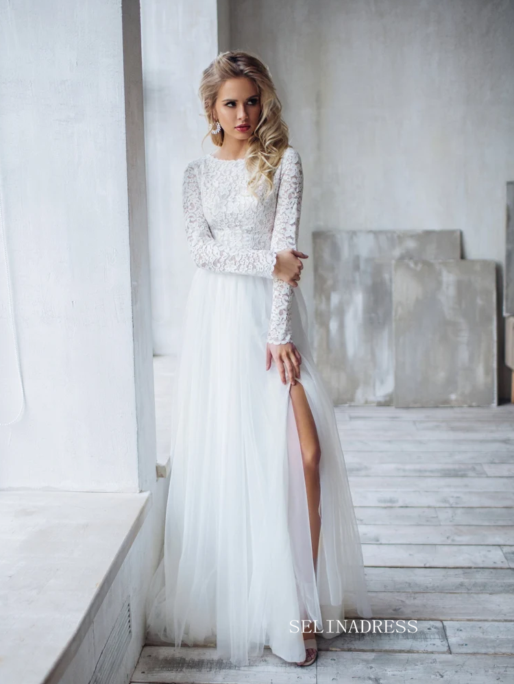 A-line Two Pieces White Wedding Dress Lace Long Sleeve Rustic Country SELINADRESS A-line Two Pieces White Wedding Dress Lace Long Sleeve Rustic Country SELINADRESS
