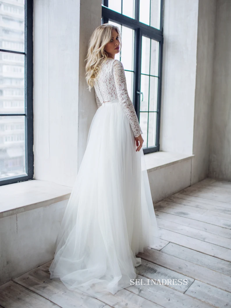 A-line Two Pieces White Wedding Dress Lace Long Sleeve Rustic Country SELINADRESS A-line Two Pieces White Wedding Dress Lace Long Sleeve Rustic Country SELINADRESS
