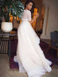 A-line Two Pieces White Wedding Dress Sparkly Short Sleeve Sequins Bridal Dresses KTC005|Selinadress