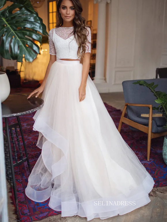 A-line Two Pieces White Wedding Dress Sparkly Short Sleeve Sequins Bridal Dresses KTC005|Selinadress