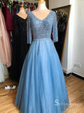 A-line V neck 3/4 Sleeve Elegant Long Prom Dresses Beaded Evening Formal Dress SC024
