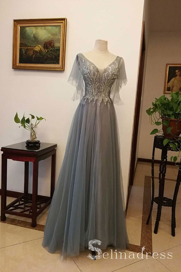 A-line V neck Beaded Long Prom Dresses Gray Sparkly Evening Gowns Formal Dresses SED039
