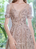 A Line V neck Beaded Prom Dress Sparkling Long Evening Dress Party Dresses OCN006