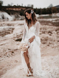 A-line V neck Beaded Long Prom Dresses Rustic Wedding Dresses MHL153|Selinadress