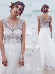 A-line V-neck Beautiful Beach Wedding Dresses Chiffon Short Train Sexy Bridal Gown SEW010|Selinadress