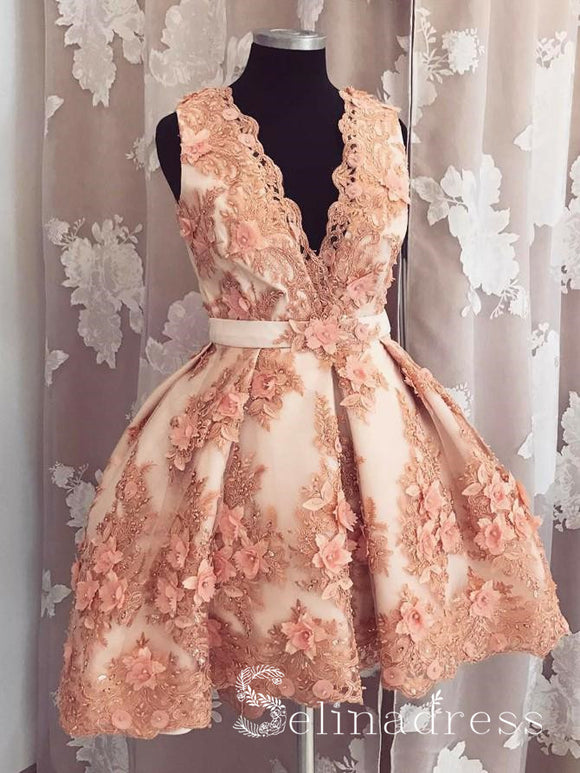 A-line V-neck Beautiful Homecoming Dress Floral Lace Short Prom Dress HML016|Selinadress