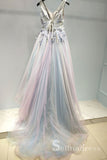 A-line V neck Beautiful Prom Dress Applique Ombre Tulle Long Prom Dresses Evening Dress SED103