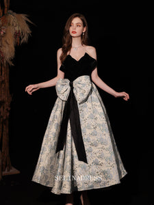 A-line V neck Black Long Prom Dress Ankle-length Bridal Dresses Bow Evening Dress OSTY013|Selinadress