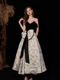 A-line V neck Black Long Prom Dress Ankle-length Bridal Dresses Bow Evening Dress OSTY013|Selinadress