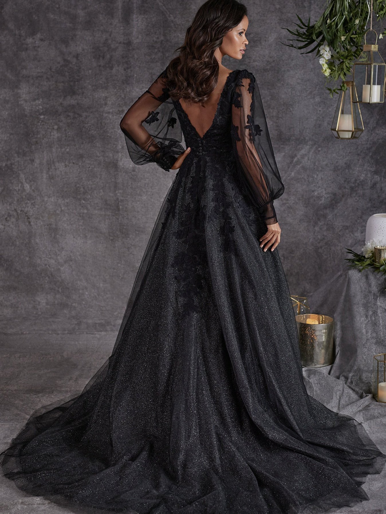 A-line V neck Black Prom Dress Long Sleeve Lace Applique Tulle Evening SELINADRESS A-line V neck Black Prom Dress Long Sleeve Lace Applique Tulle Evening SELINADRESS